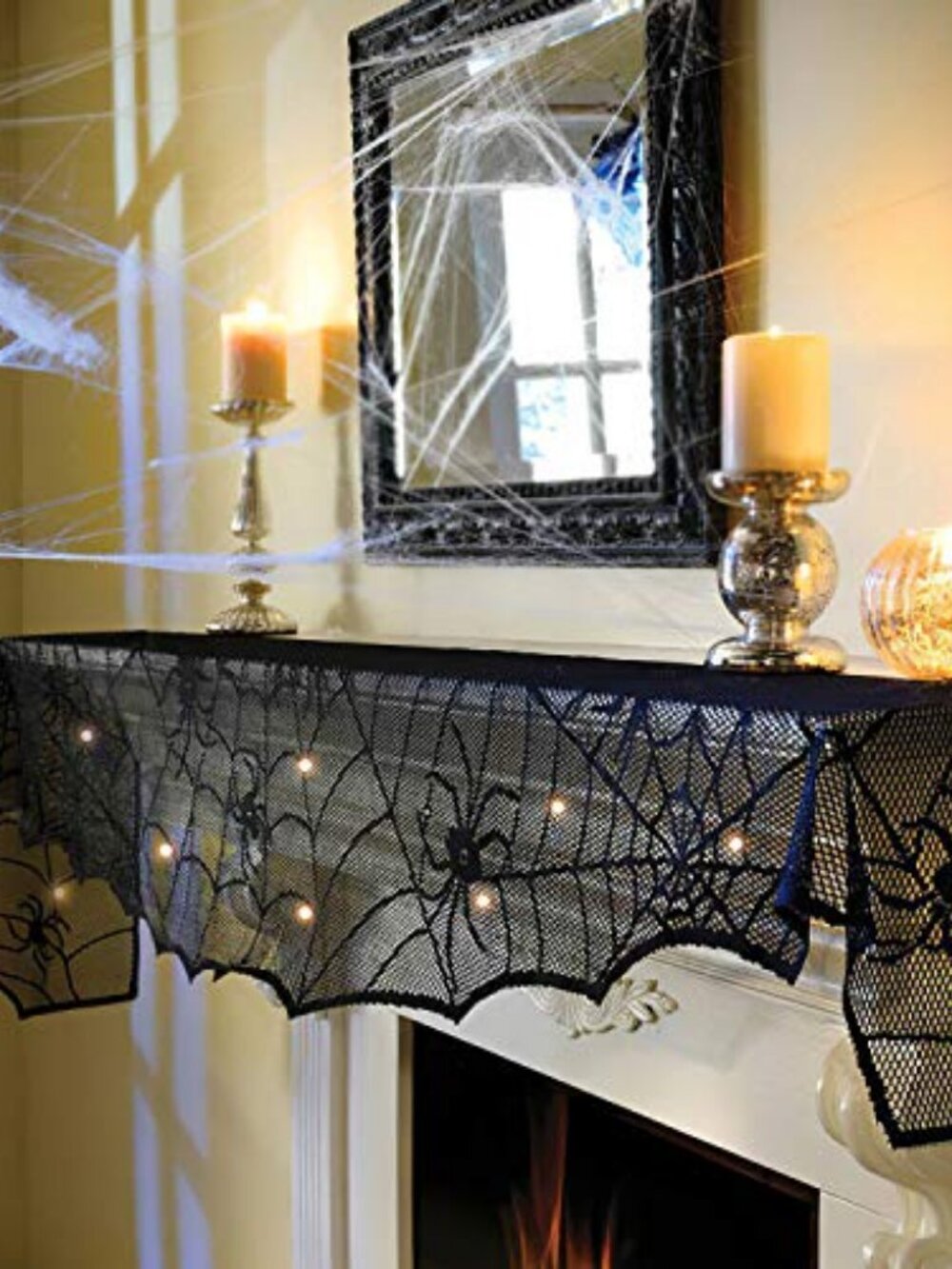Halloween Decorations Indoor - Mantel with String Lights Lace Spiderweb Decor